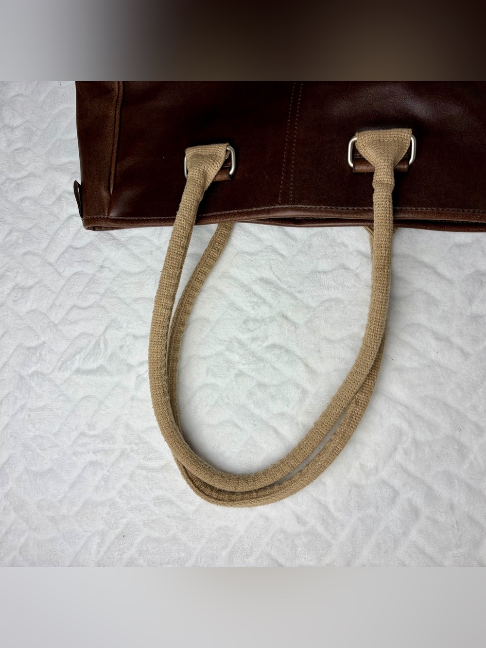 Vintage 90s Esprit chocolate brown shoulder bag tote with woven tan straps - Picture 8 of 11